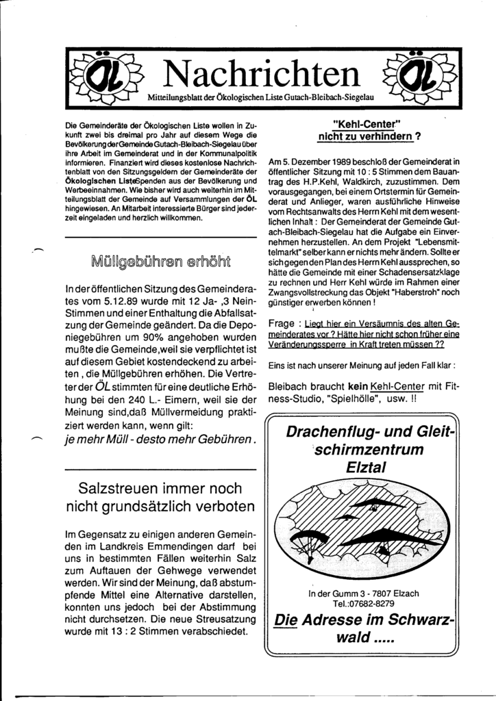 Fotokopie der ersten Seite des Mitteilungsblatts der Ökologischen Liste Gutach-Bleibach-Siegelau