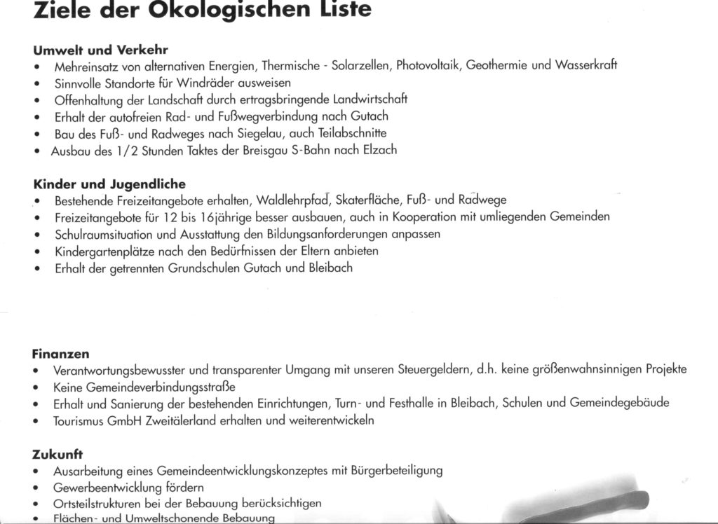 Programm-Flyer der Ökologischen Liste aus dem Jahr 2004