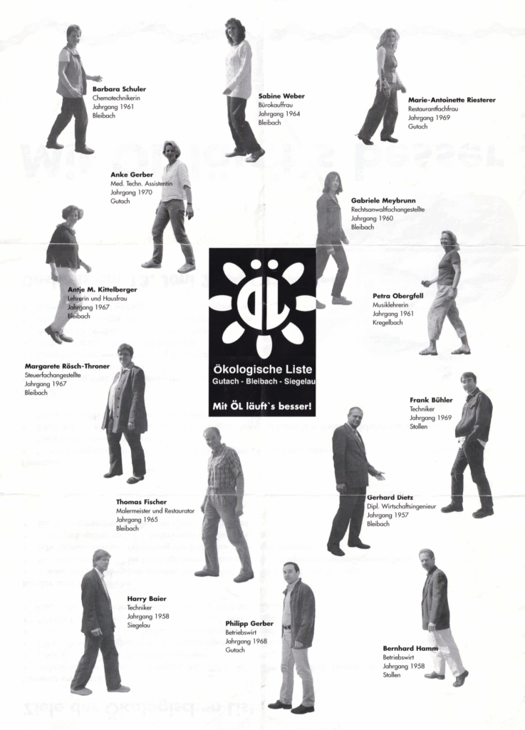 Schwarz-weiß Flyer der Ökologischen Liste Gutach, der die 14 Kandierenden der ÖL - davon 8 Frauen - zur Gemeinderatswahl 2004 zeigt.