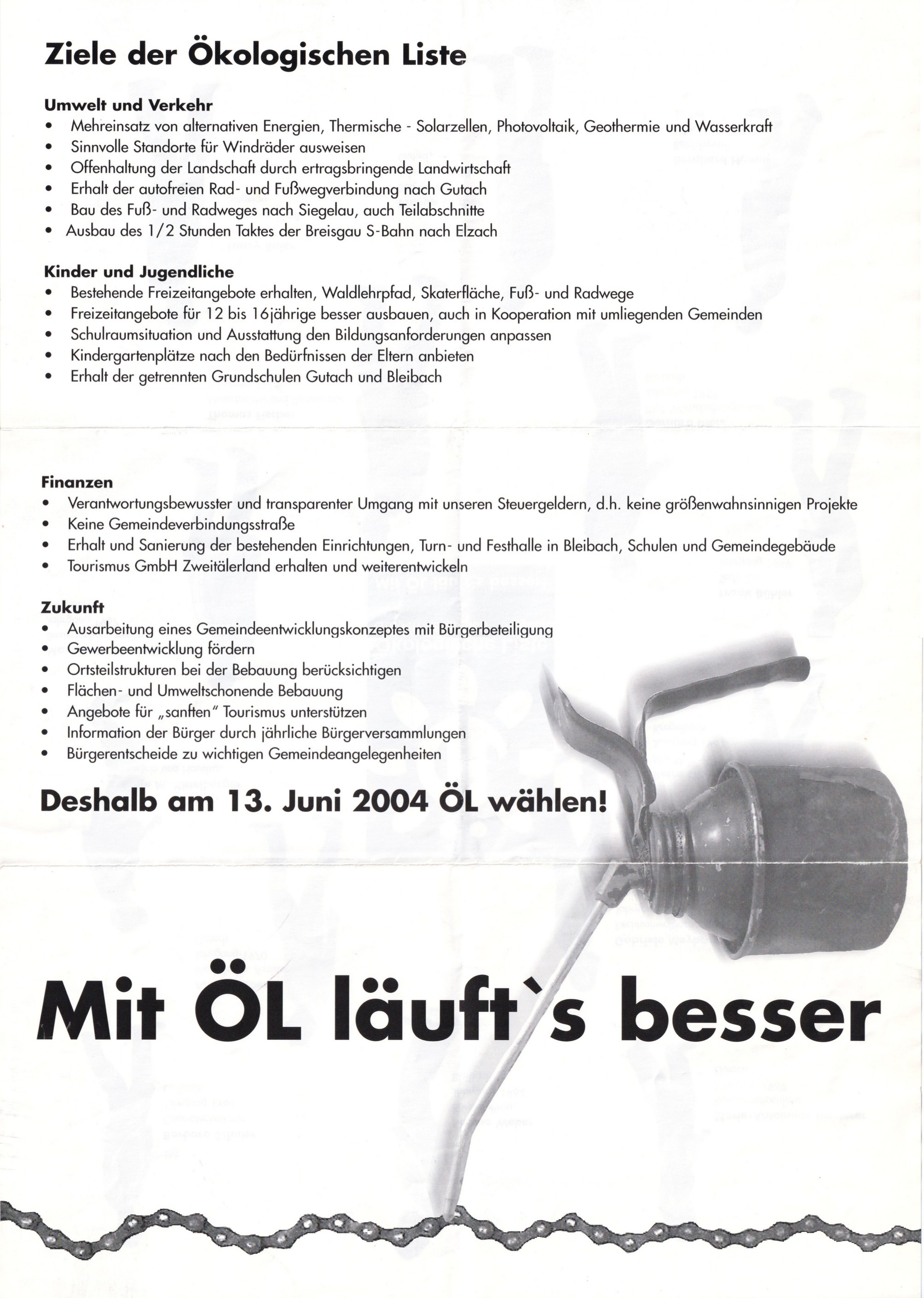 Schwarz-weiß Flyer der Ökologischen Liste Gutach, der die Programmforderungen zur Gemeinderatswahl 2004 auflistet