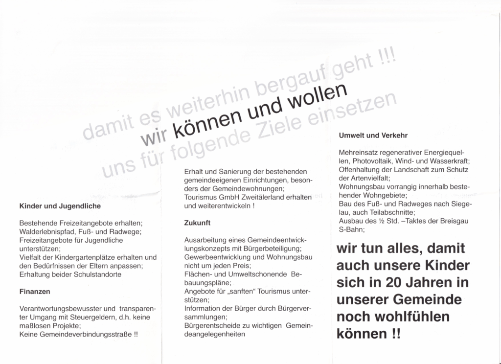 Schwarz-weiß Flyer der Ökologischen Liste Gutach mit dem Programm zur Gemeinderatswahl 2009