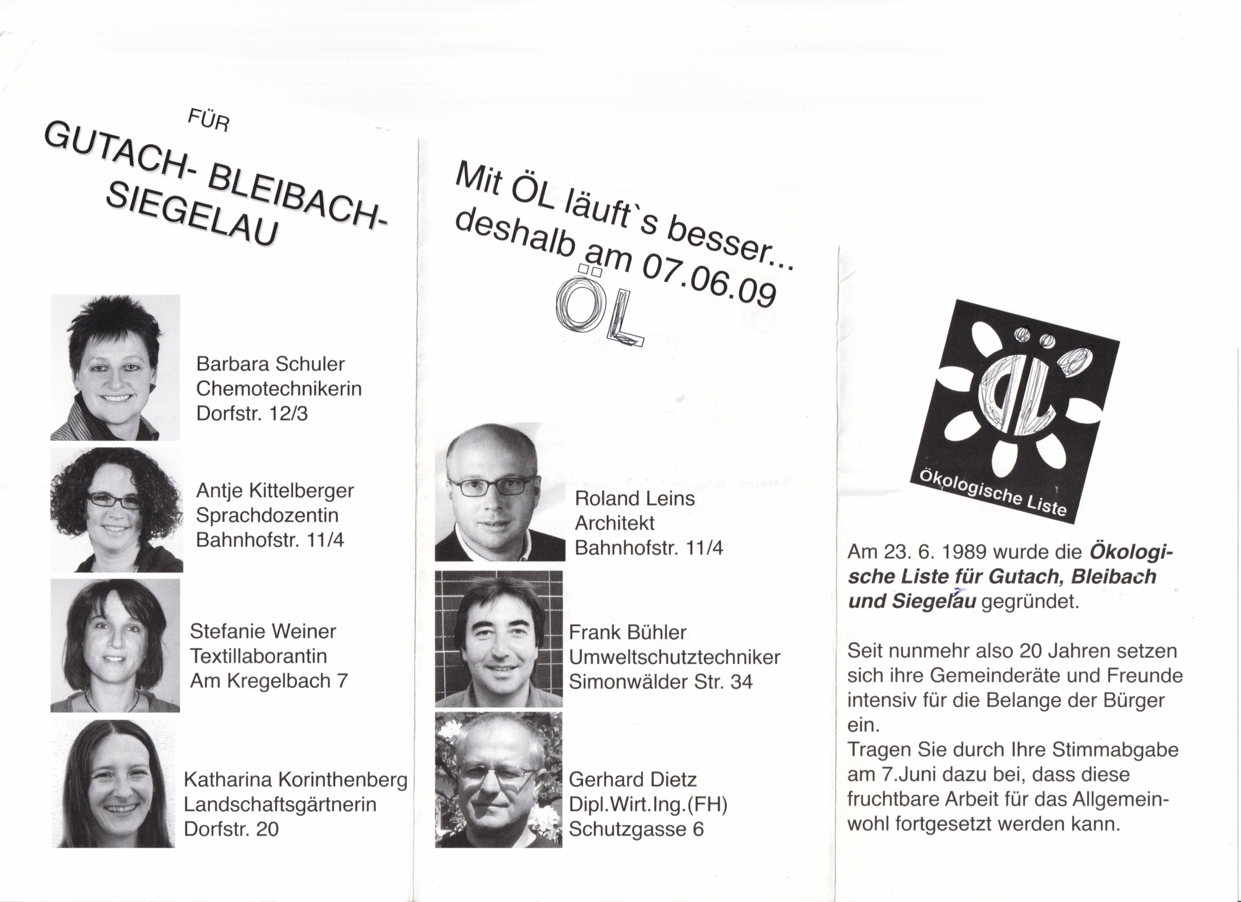 Schwarz-weiß Flyer der Ökologischen Liste Gutach mit den 7 Kandidierenden - davon 4 Frauen - zur Gemeinderatswahl 2009